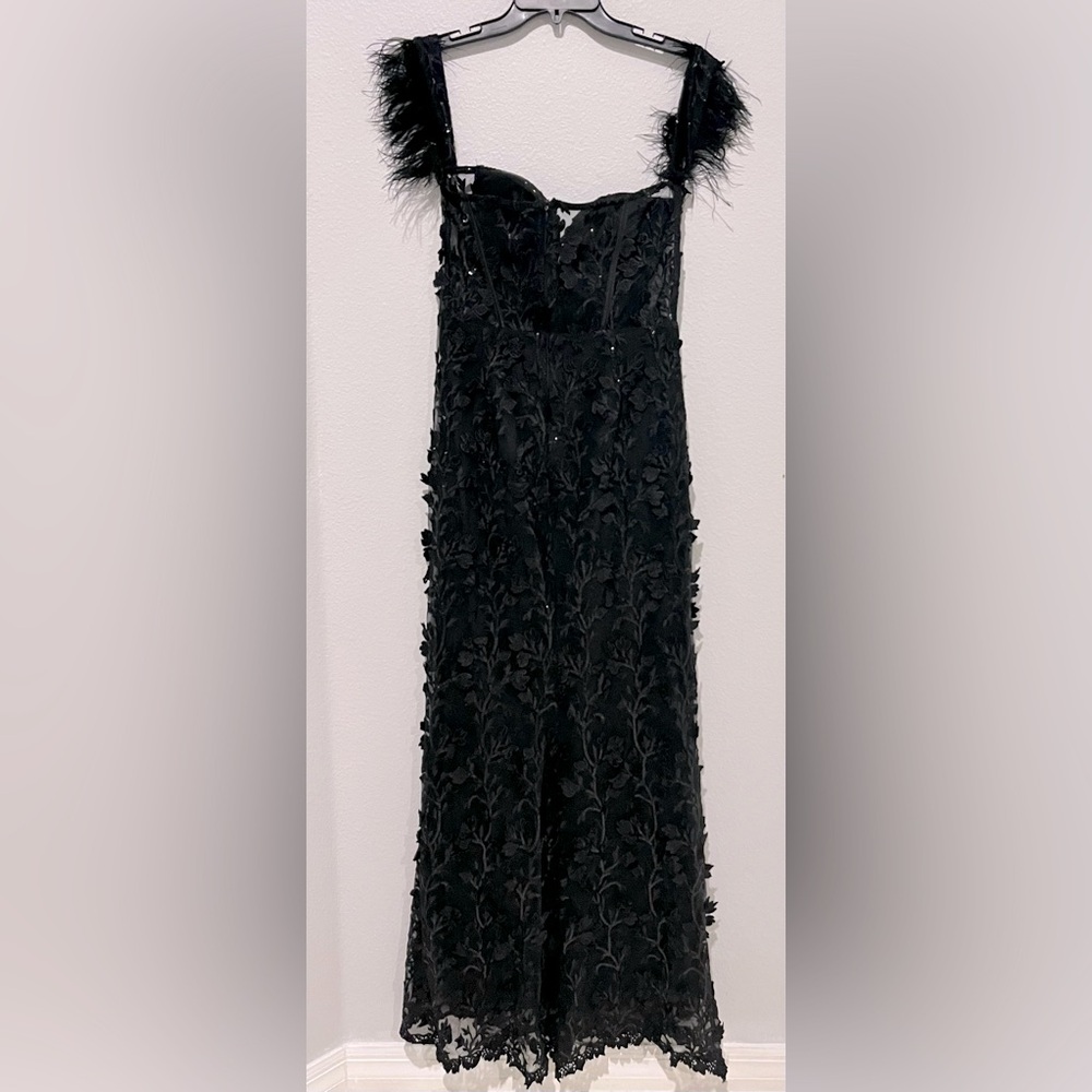 Lulus Midnight Sparkle Black Embroidered Feather Bustier Maxi Dress Sz medium - Picture 9 of 9